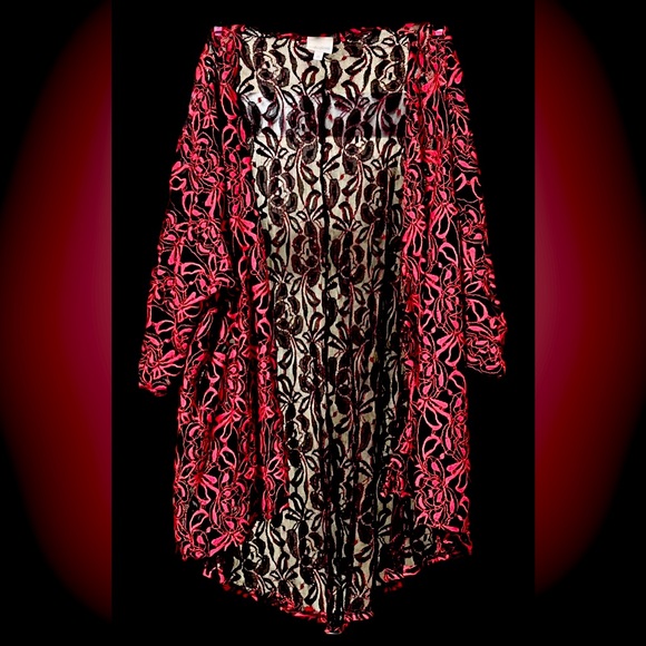 Lularoe Lindsay Kimono Black & Pink Lace Coverup Cardigan Sz Med *UPDATED* - Picture 3 of 14